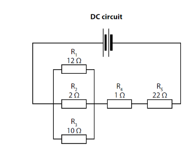 . The diagram shows a DC resistor network. The network is supplied by a 12 V battery