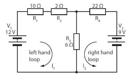 The diagram shows a resistor network with two power supplies.